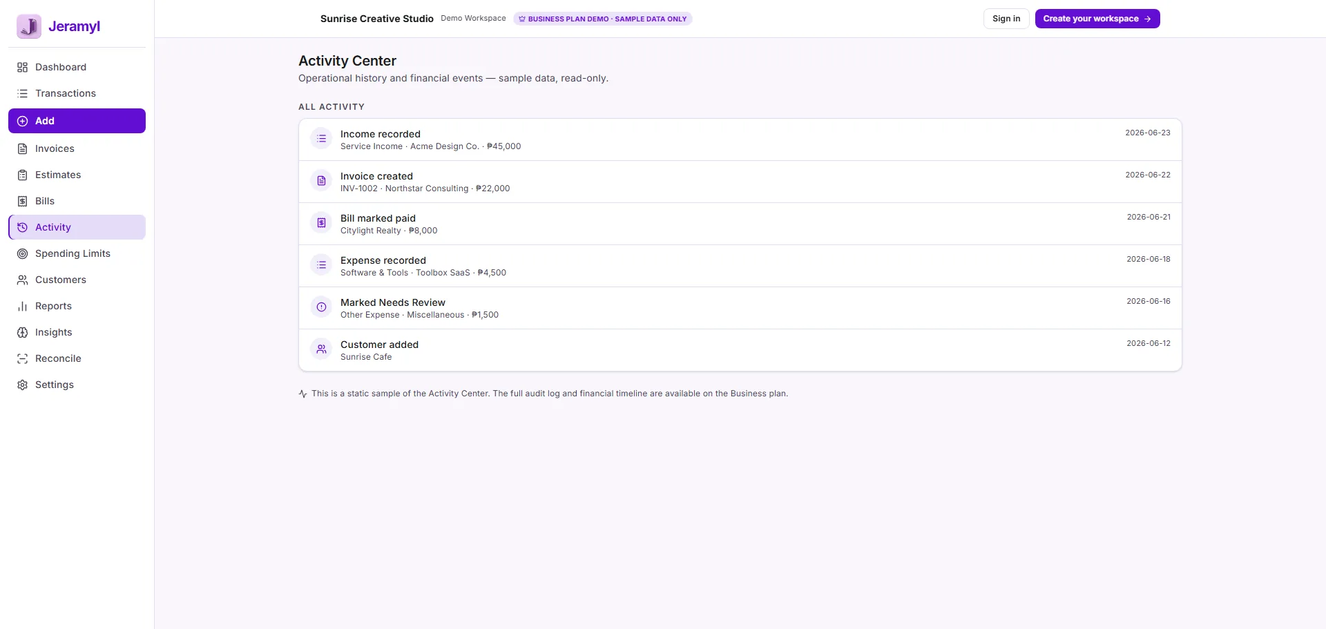 Jeramyl activity page showing recent bookkeeping and workspace activity.