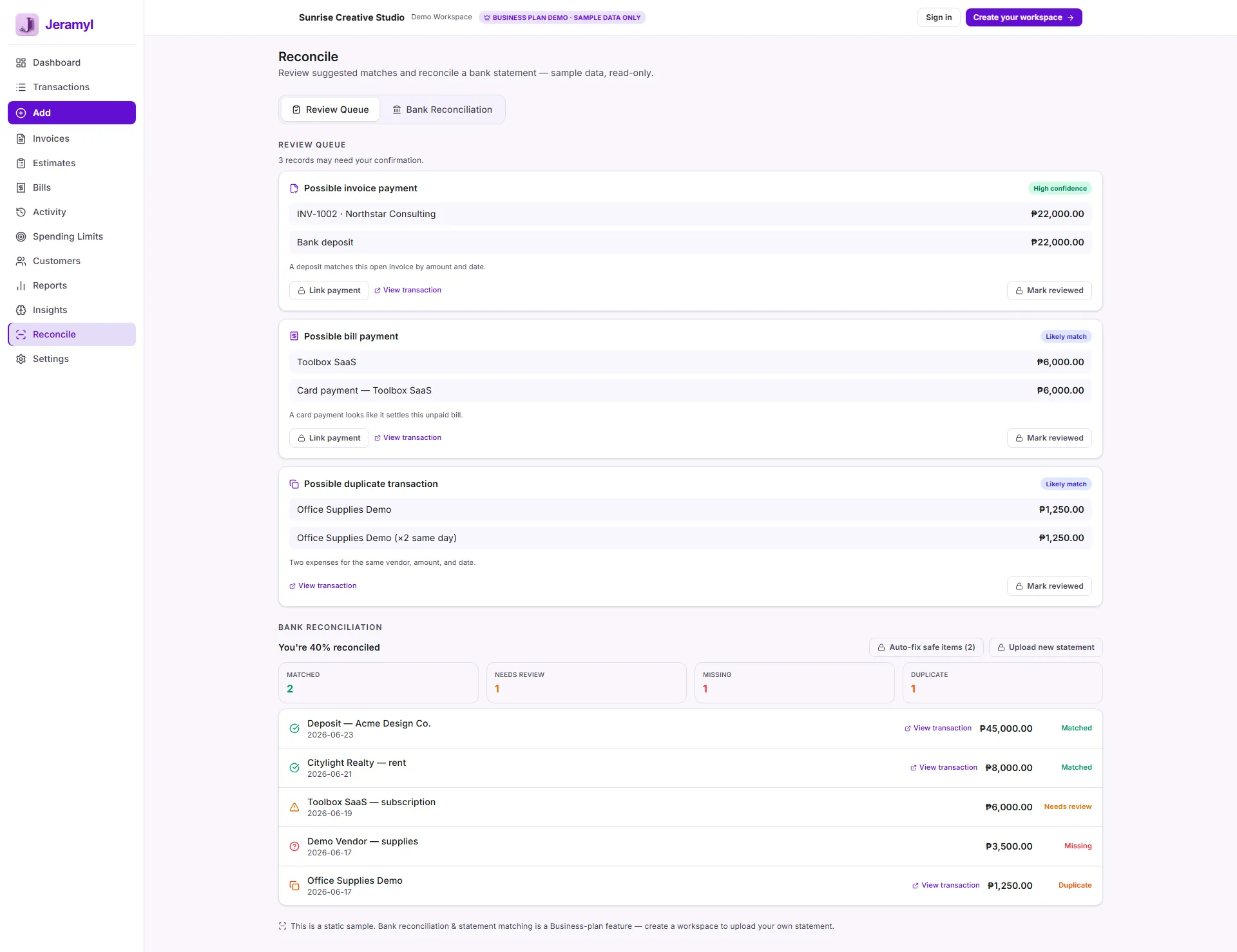 Jeramyl bank reconciliation page showing Review Queue, suggested matches, and reconciliation status.