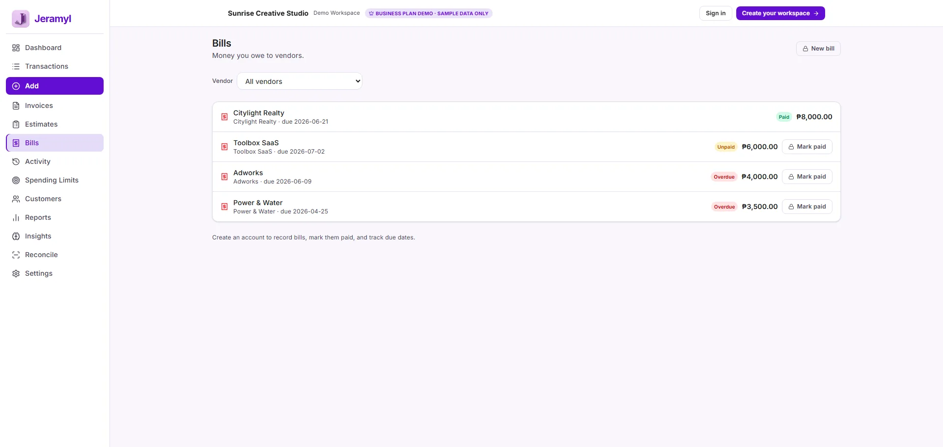 Jeramyl bills page showing bill statuses, due dates, vendor filter, and payment actions.