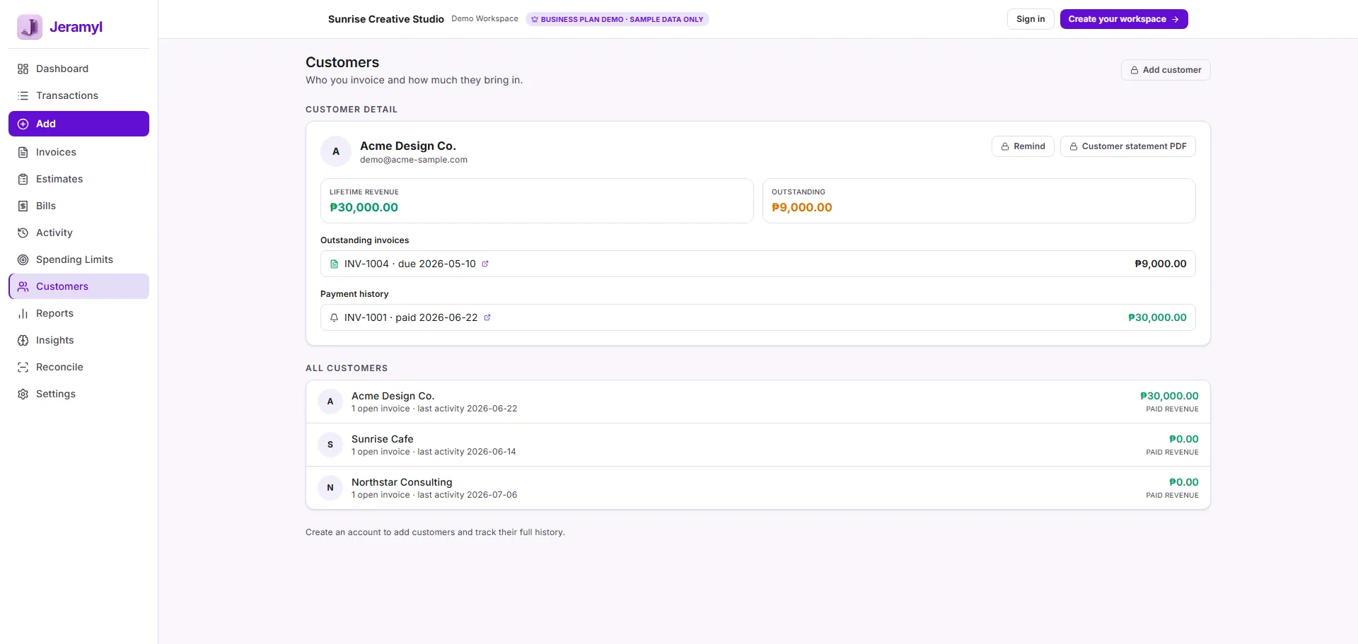 Jeramyl customer detail view showing outstanding invoices, payment history, reminders, and customer statement PDF.