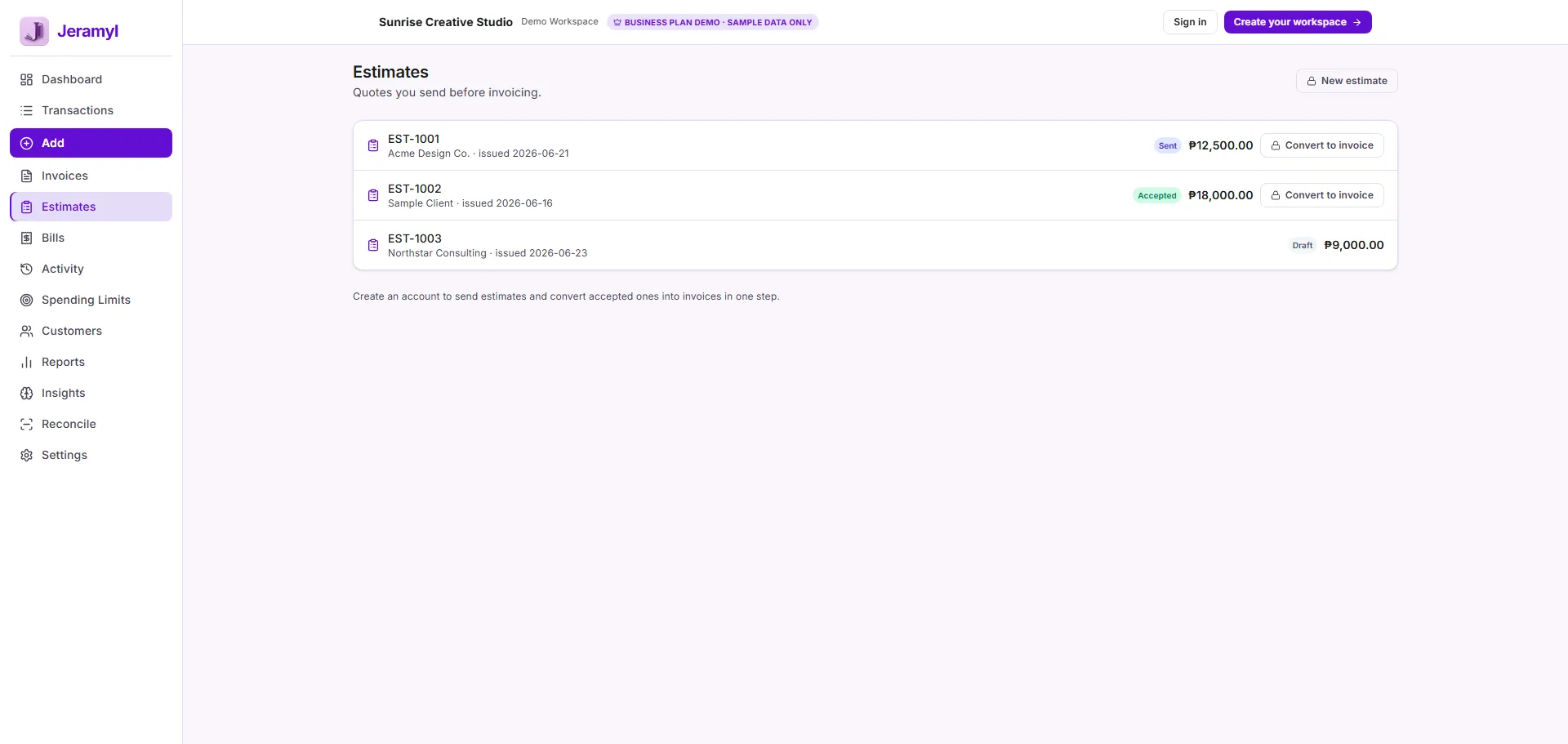 Jeramyl estimates page showing estimate statuses and convert to invoice action.