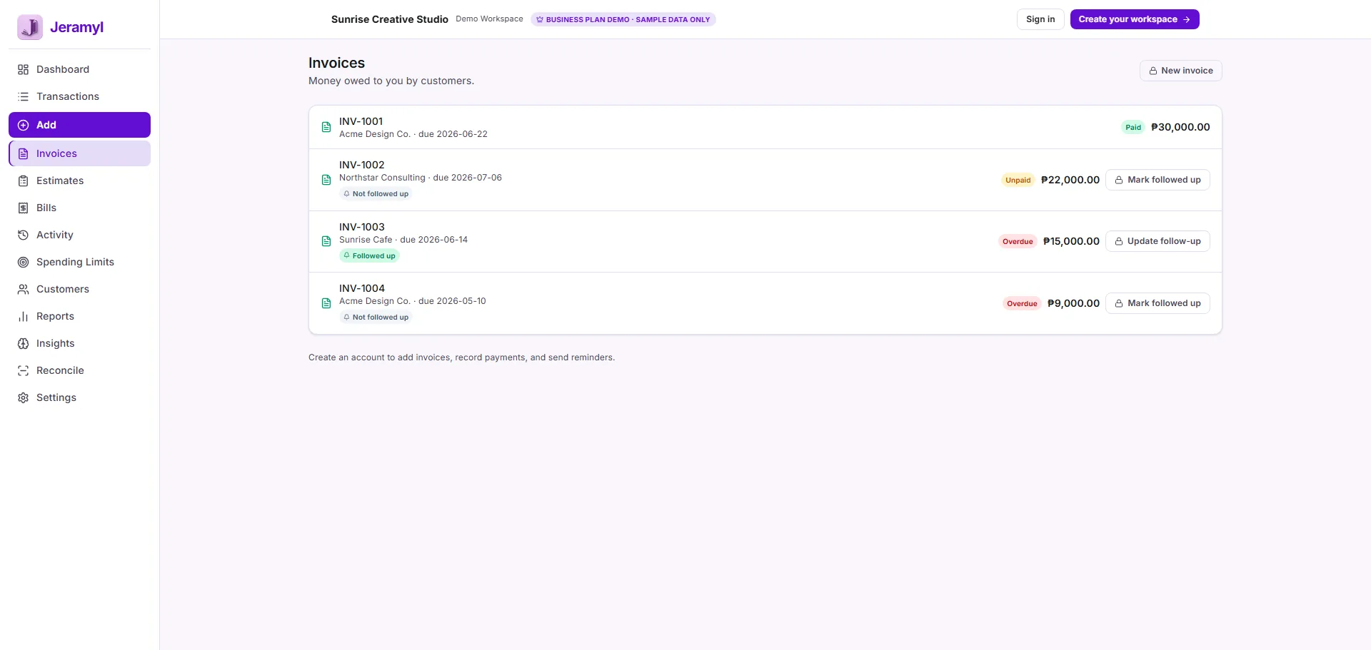 Jeramyl invoices list showing invoice statuses, follow-up tracking, and payment actions.