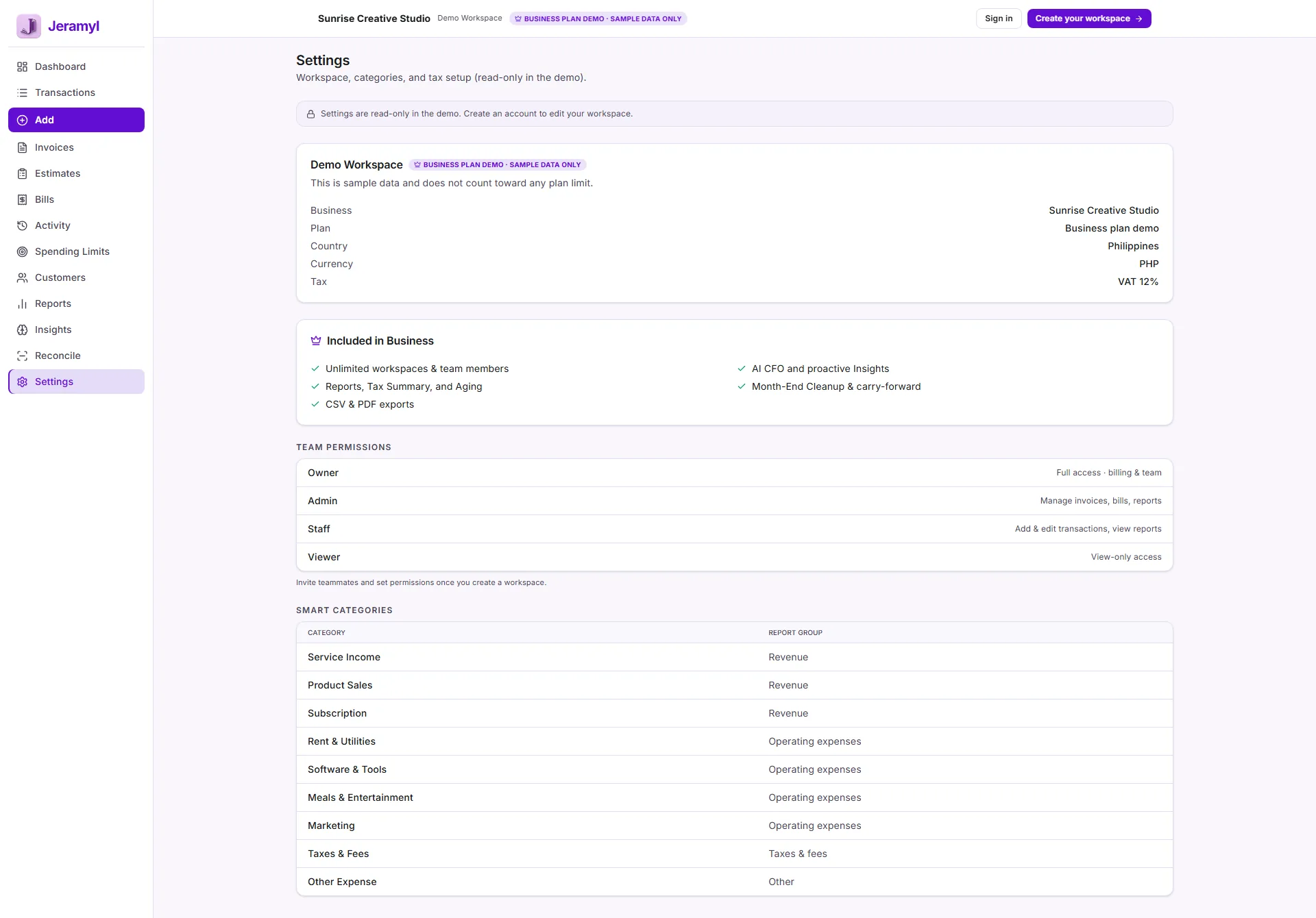 Jeramyl settings page showing workspace, team, data, AI, and billing settings.