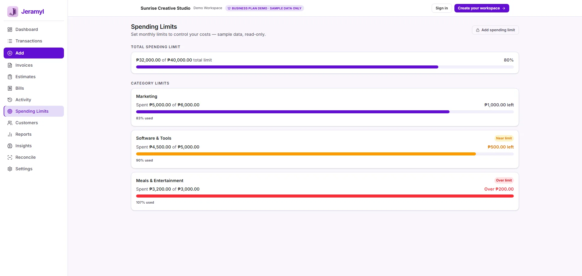 Jeramyl spending limits page showing budget tracking and spending alerts.
