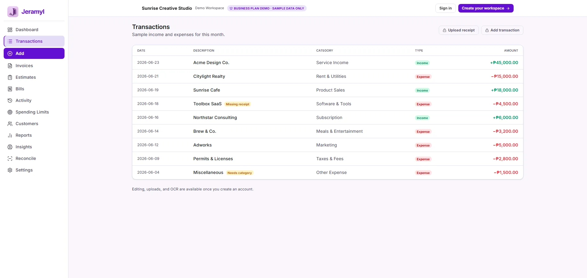 Jeramyl transactions list showing income, expenses, receipt status, and bookkeeping cleanup filters.